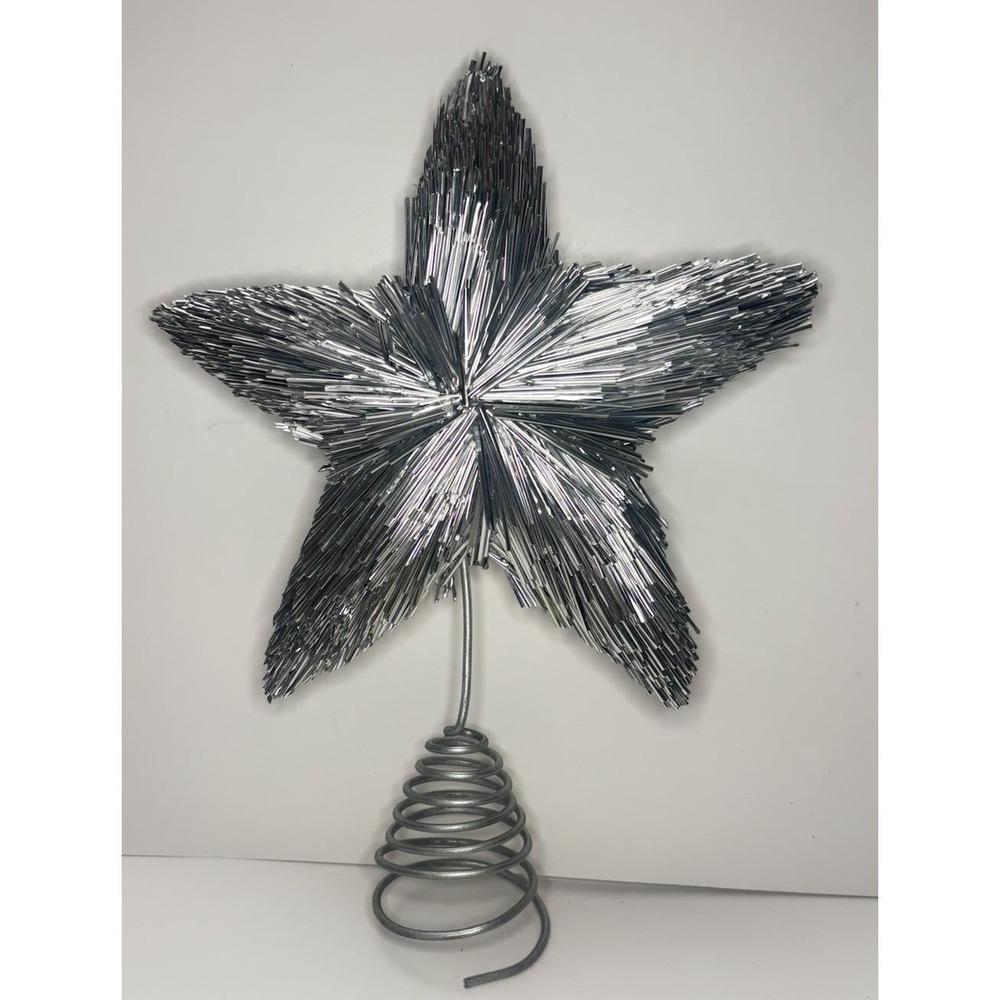 Silver Tinsel Star Christmas Tree Topper Spiral Wire Base 11"